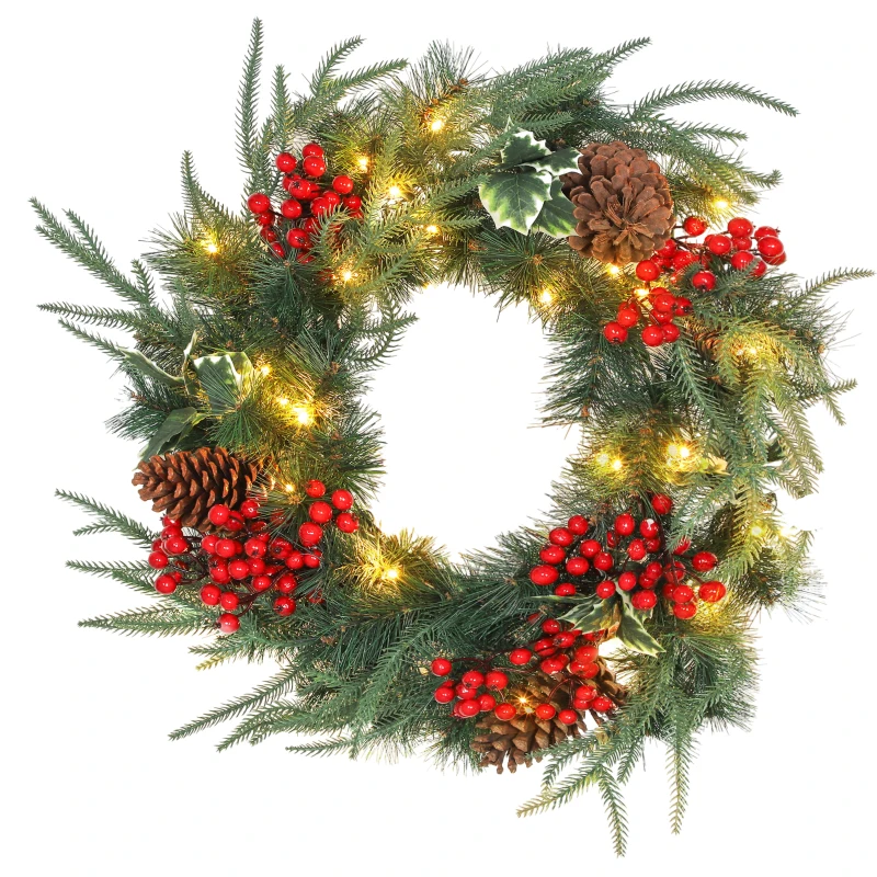 HOMCOM Ghirlandă de Crăciun de 60 cm cu lumini LED albe, timer, conuri, boabe și frunze de ilex, verde