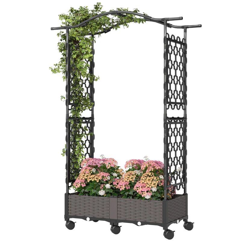 Outsunny Raised Garden Bed with Arch Trellis, Raised Bed for Garden on Wheels with Side Trellis, Self Watering Planter Box