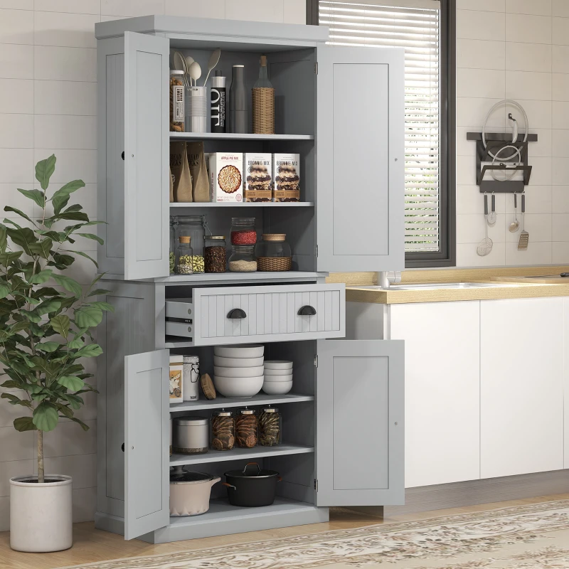 HOMCOM Armário de Cozinha Armário com Múltiplos Compartimentos Prateleiras Ajustáveis 4 Portas Grande Gaveta 76,2x40,2x183 cm Cinza
