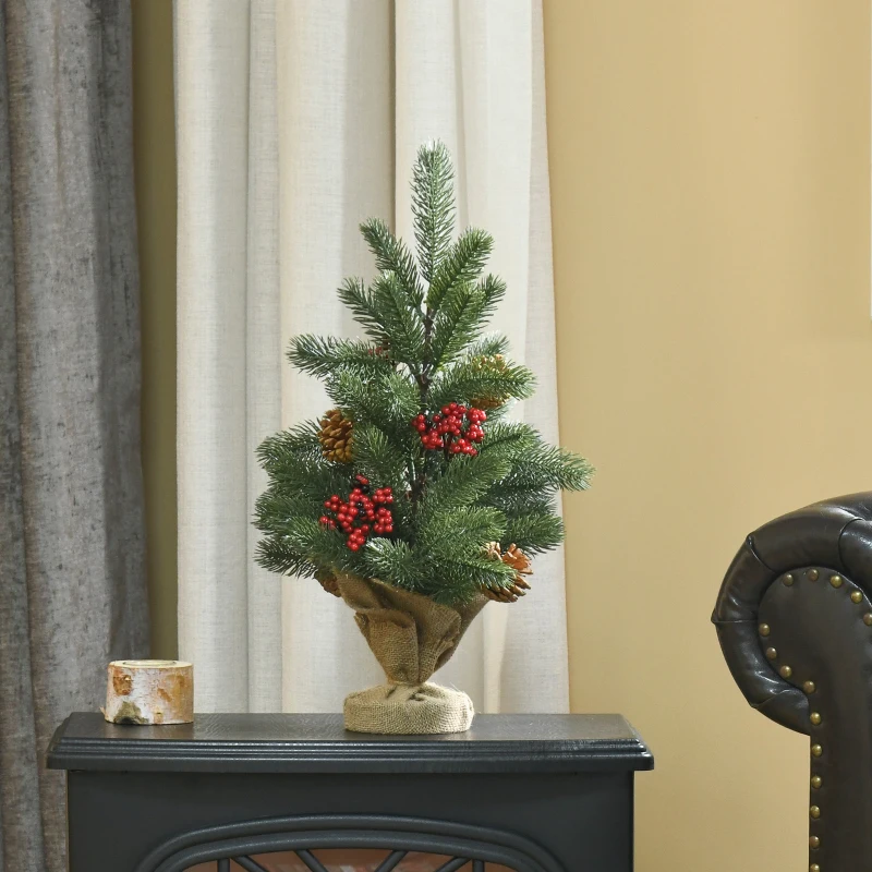 HOMCOM Mini-Weihnachtsbaum Weihnachtsdekoration, inkl. Schmuck, rote Beeren, 50 cm hoch, inkl. Zementsockel, Grün + Mehrfarbig