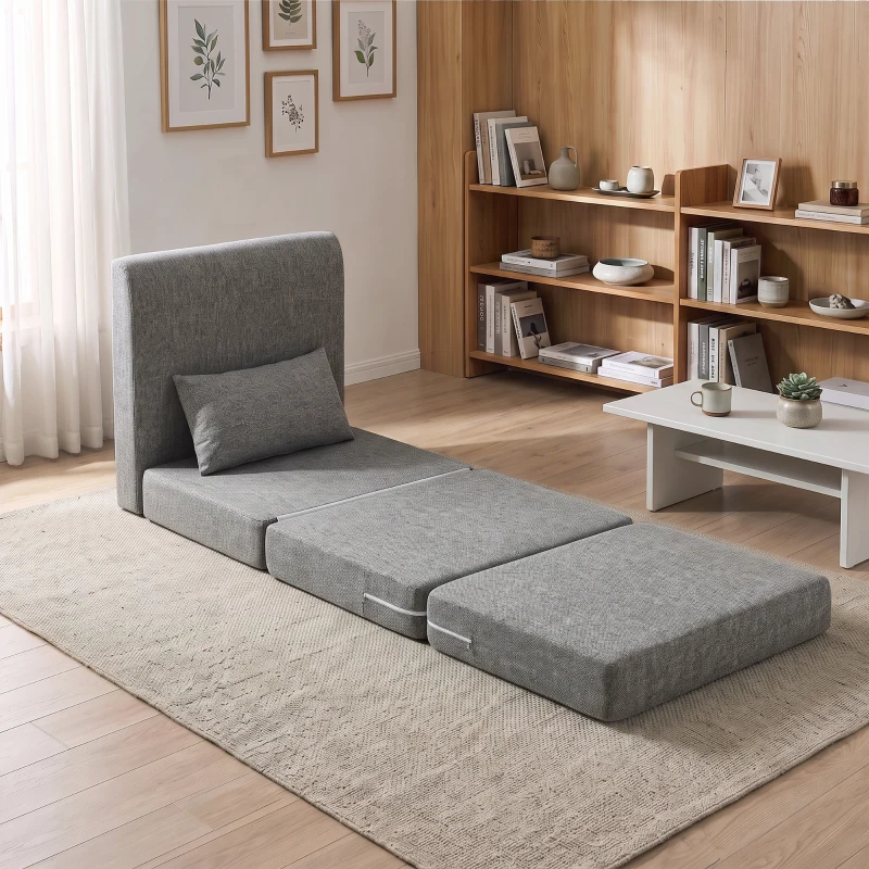 HOMCOM Fauteuil chauffeuse pliant 3 en 1 avec coussin, convertible, matelas dépliant pour invités, salon, bureau, gris