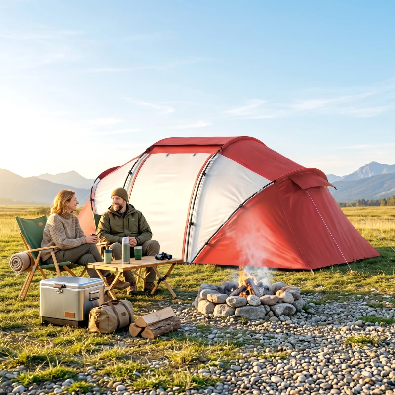 Outsunny Tente de camping familiale 4 personnes tente dôme étanche légère, ventilée 2 cabines fenêtre grande porte gris rouge
