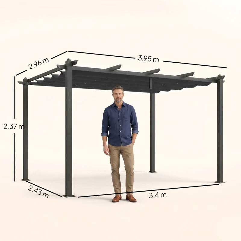 Outsunny 3 x 4m Aluminium Pergola, with Retractable Roof - Dark Grey