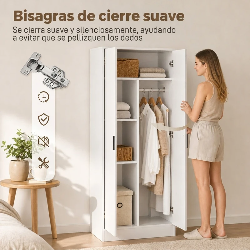 HOMCOM Armario Dormitorio Moderno Armario Ropero con Barra para Colgar Estantes 70x37x164 cm para Salón Entrada Blanco