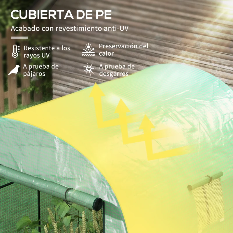 Outsunny Invernadero de Túnel con 2 Puertas Enrollables 2 Ventanas de Malla y Marco de Acero Cubierta PE 135g/m² Anti-UV Verde