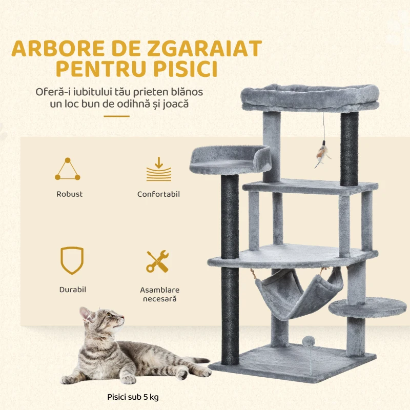 PawHut Arbore Răzuitoare pentru Pisici 48x48x107 cm Turn pentru Pisici cu Cavernă de Fetru Demontabilă Hamacă Paturi Platforme Gri