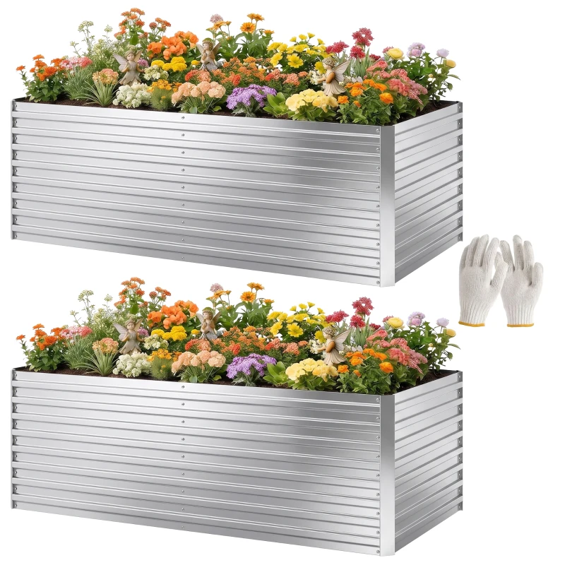Outsunny Set aus 2 verzinkten Hochbeeten, 180 x 90 x 60 cm Metall-Hochbeete mit sicherer Kante, Silber