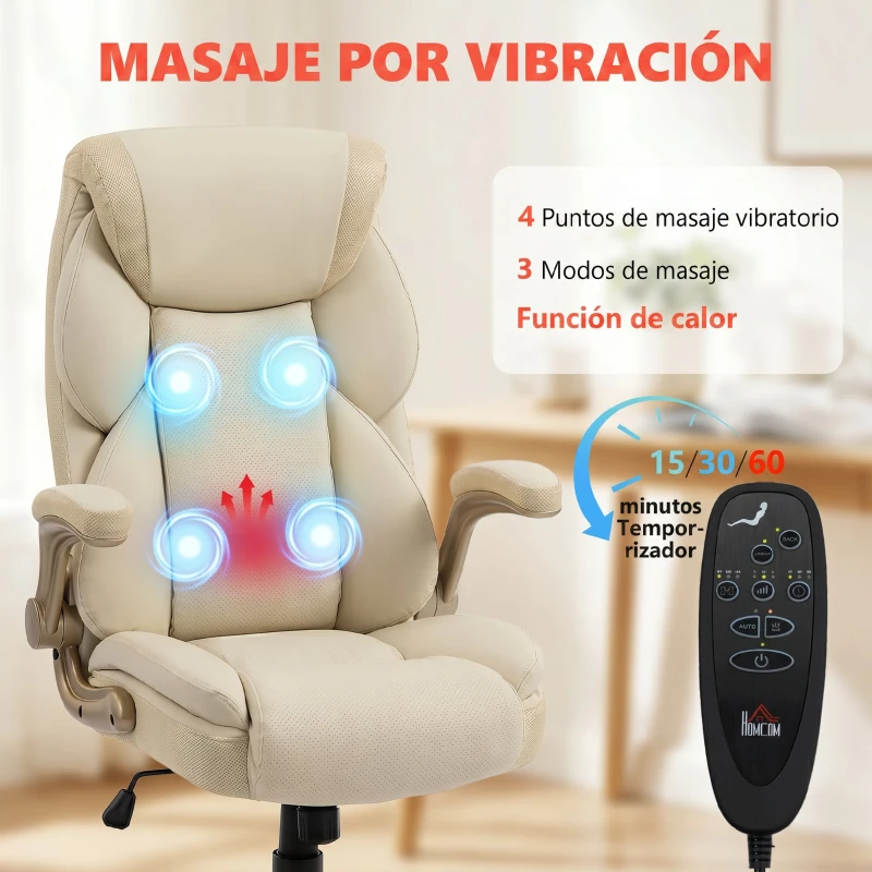HOMCOM Silla de Oficina con Masaje Vibratorio de 4 Puntos Calor Lumbar Brazos Abatibles Respaldo Alto Altura Ajustable Crema