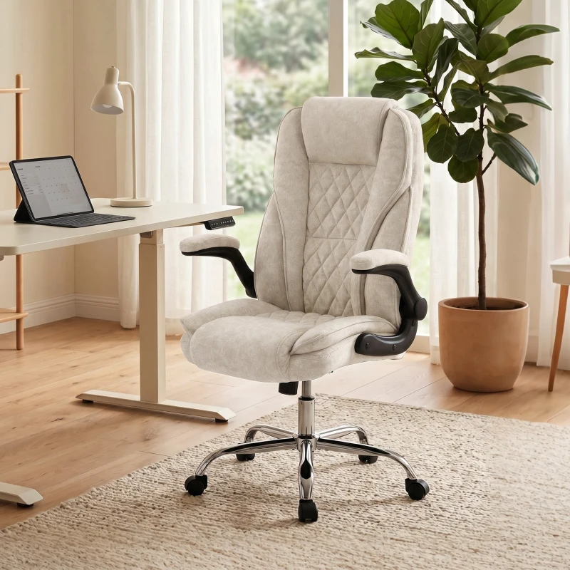 HOMCOM Fauteuil de bureau, chaise bureau ergonomique, hauteur réglable, accoudoirs relevables, 70 x 70 x 114-122 cm, beige