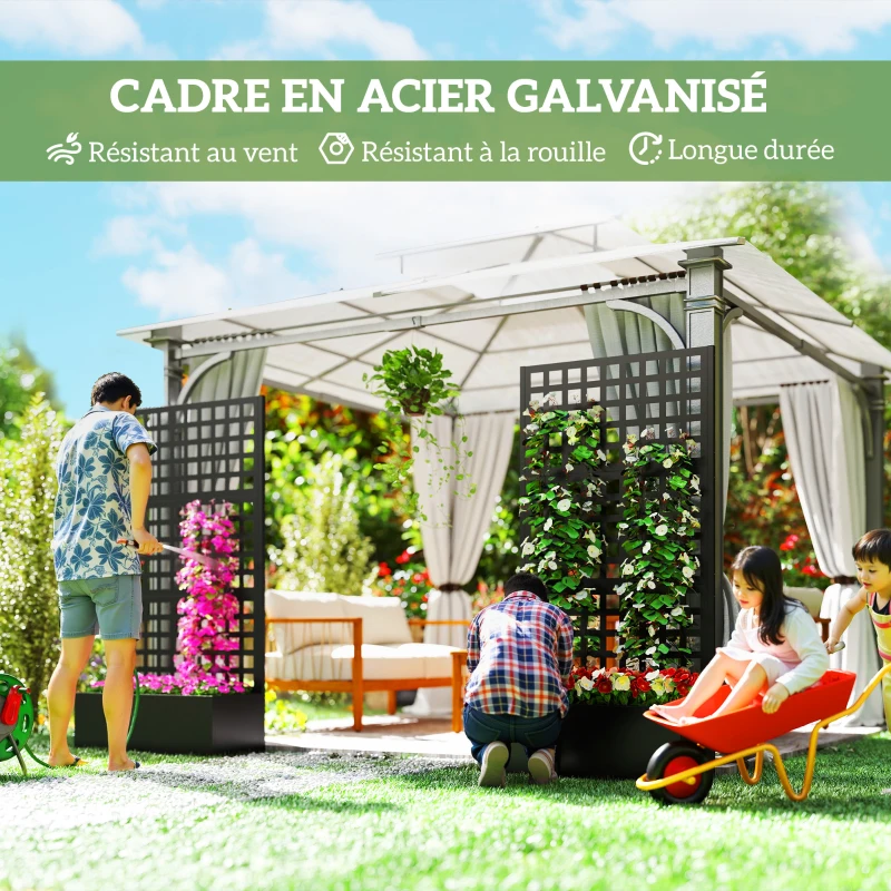Outsunny Jardinière avec treillis, brise-vue, lit surélevé de jardin acier galvanisée, pour plantes grimpantes, 89x40x178cm, noir