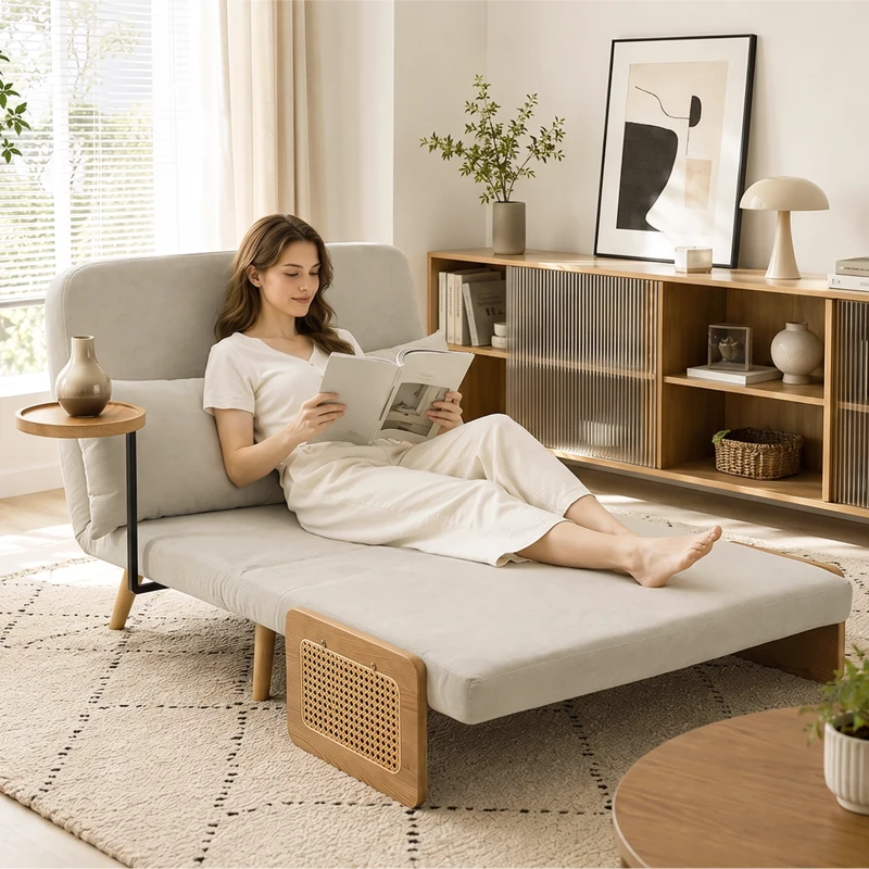 HOMCOM Sofá Cama 2 Plazas Convertible 3 en 1 Tapizado en Chenilla con Respaldo Ajustable Mesa Lateral 2 Almohadas Blanco Crema
