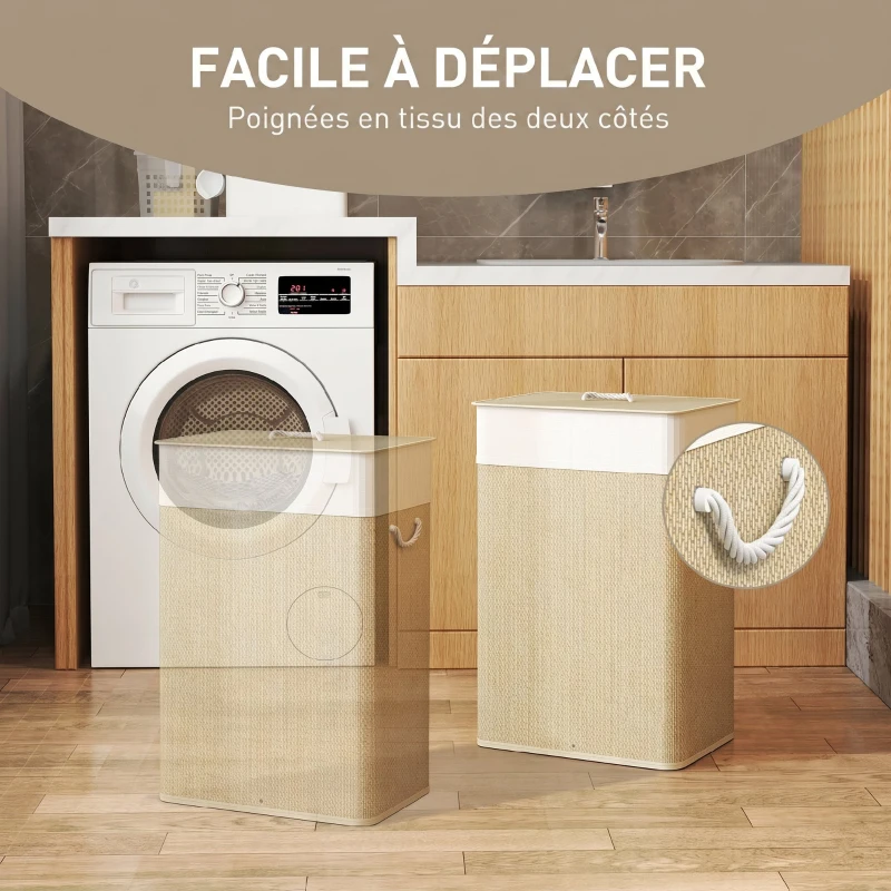 HOMCOM Panier à linge 72 L, corbeille à linge sale en bambou avec couvercle, poignées en corde, doublure amovible, crème
