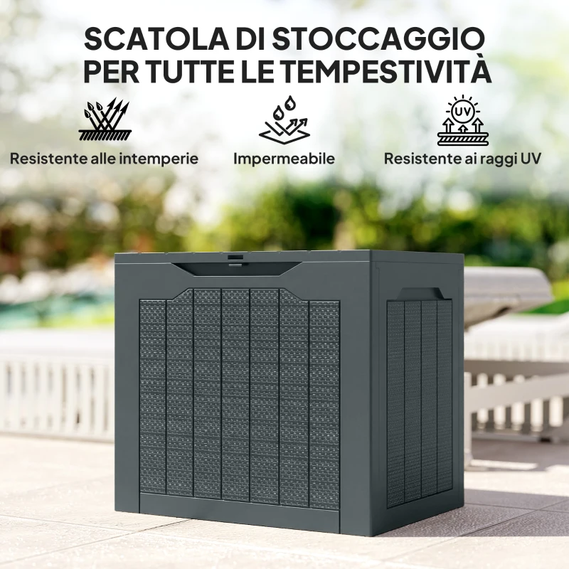 Outsunny Baule da Giardino con Maniglie, Contenitore Porta Attrezzi Impermeabile, 56x41x50 cm, Grigio Scuro
