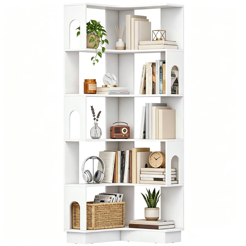 HOMCOM Bibliothèque d'angle, étagère de rangement à 6 niveaux avec panneaux latéraux arqués, 60 x 60 x 165,5 cm, blanc