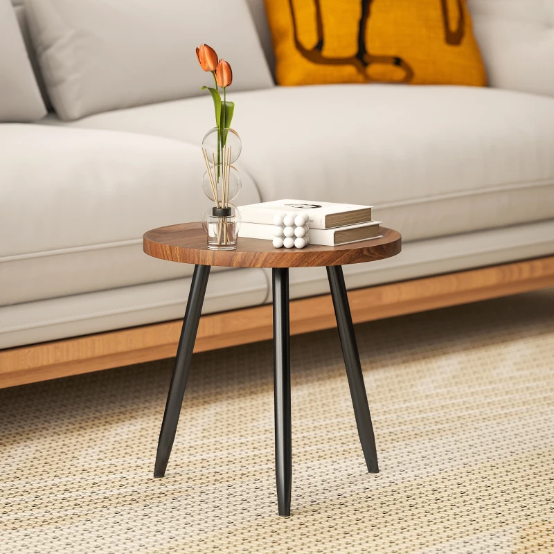 HOMCOM Modern Round Coffee Table with Steel Frame for Small Space, Sofa Beside, Living Room, Chestnut Wood Effect
