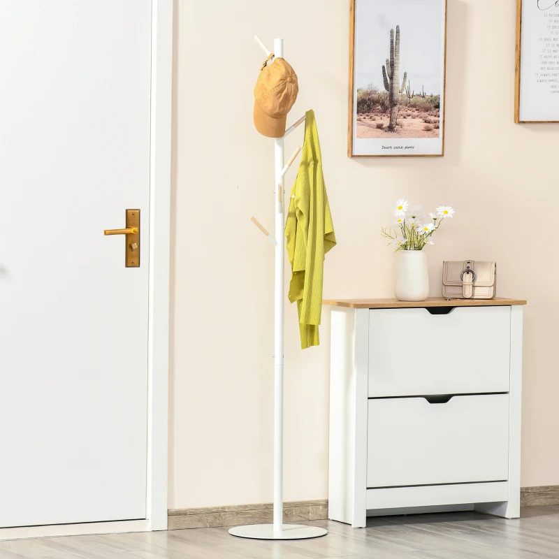 HOMCOM Perchero de Pie de Madera con 6 Ganchos para Ropas Bolsos para Salón Entrada Dormitorio 35x35x174 cm Blanco
