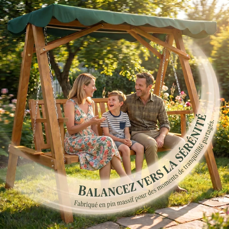 Outsunny Balancelle de Jardin 3 Places Toit imperméabilisé 2 tablettes Support 1,95L x 1,33l x 1,86H m Charge Max. 360 Kg Bois de pin Vert