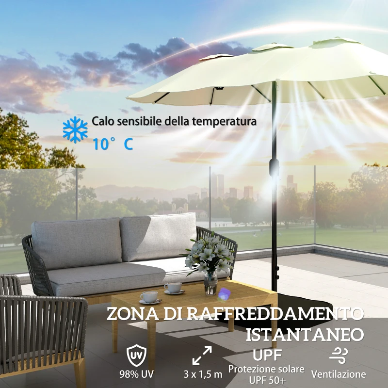 Outsunny Ombrellone Doppio a 12 Stecche con Manovella, Base a Croce e Sacchi, in Metallo e Poliestere, 3x1.5 m, Beige