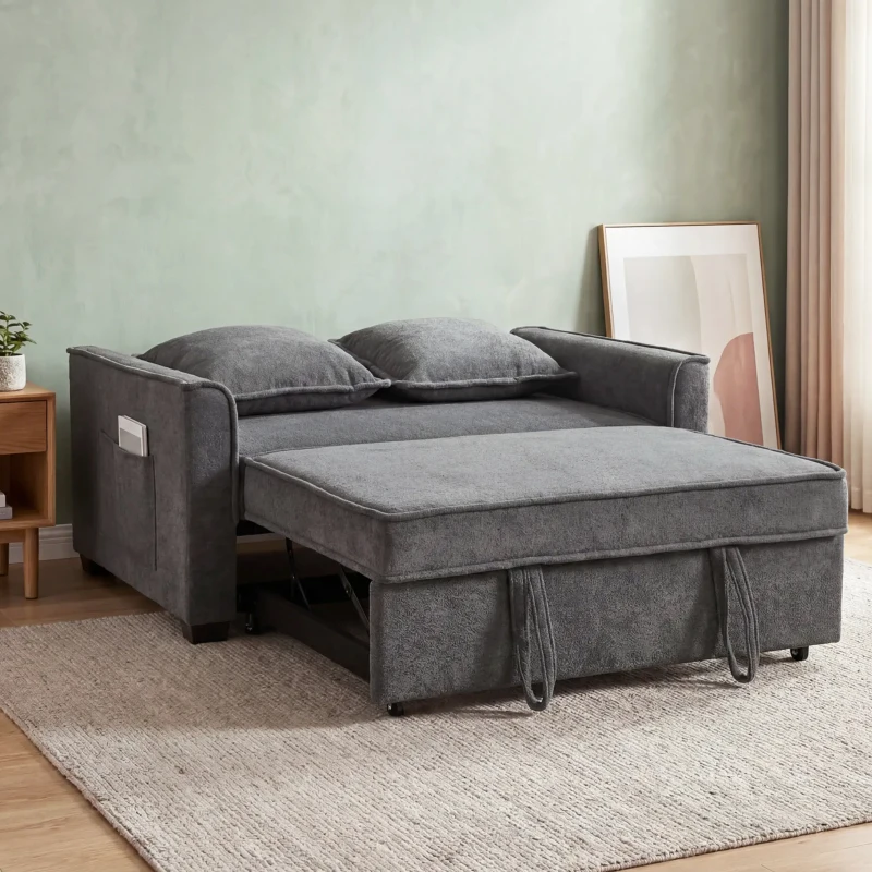 HOMCOM Sofá-Cama 2 Lugares 3 em 1 com Encosto Ajustável Bolsos Laterais 2 Almofadas para Sala Cinzento Escuro