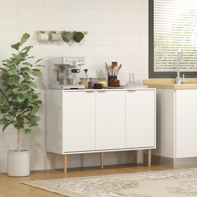 HOMCOM Aparador de Salón con Estante Ajustable Aparador de 3 Puertas Acanaladas 107x35x80 cm Blanco