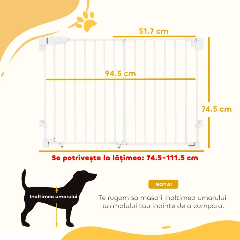 PawHut Poartă Animale 74,5-111,5 cm, Închidere Automată, Operabilă cu Mână, Montaj pe Perete, Alb