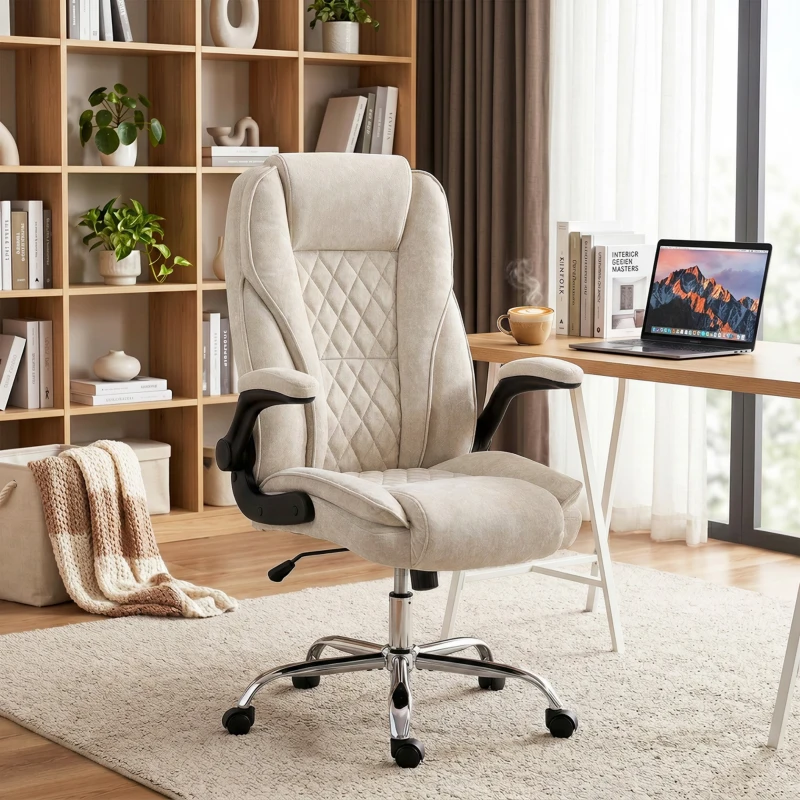 HOMCOM Fauteuil de bureau, chaise bureau ergonomique, hauteur réglable, accoudoirs relevables, 70 x 70 x 114-122 cm, beige