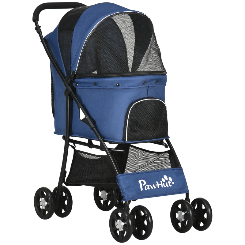 PawHut Cărucior pentru câini cu coș, pernă și 2 lese, din oțel și material textil Oxford, 81x48x99 cm, negru și albastru închis