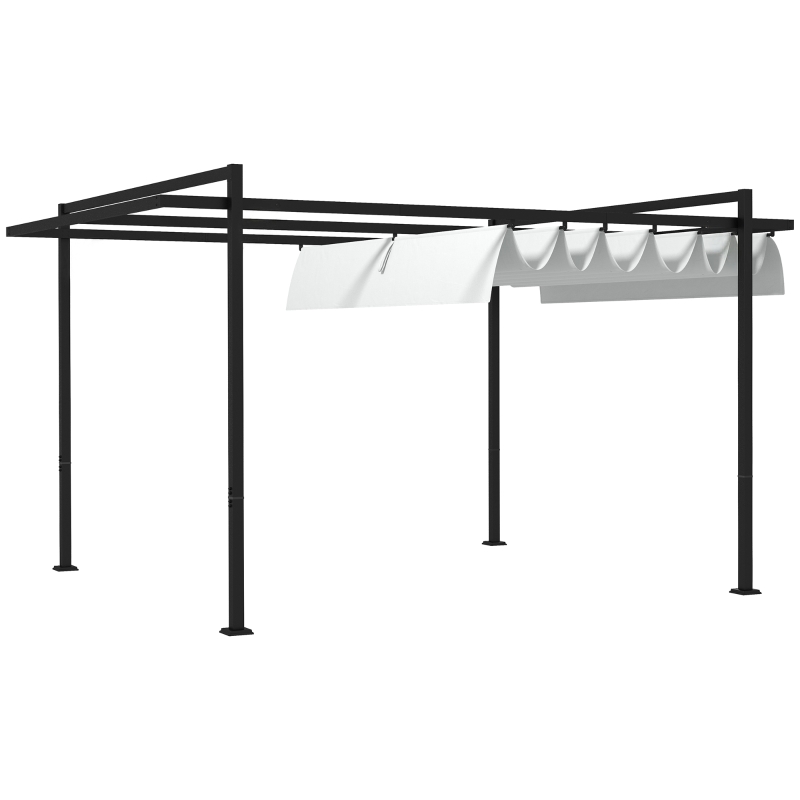 Outsunny Cenador de Jardín 3x4 m con Techo Retráctil de Poliéster y 12 Orificios de Drenaje Pérgola para Terraza Blanco y Gris
