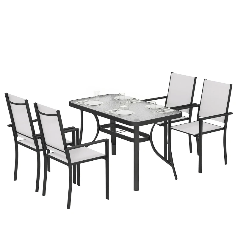 Outsunny Set da Giardino 5pz con 4 Sedie Impilabili e Tavolo in Vetro Temperato con Foro per Ombrellone, Grigio Chiaro