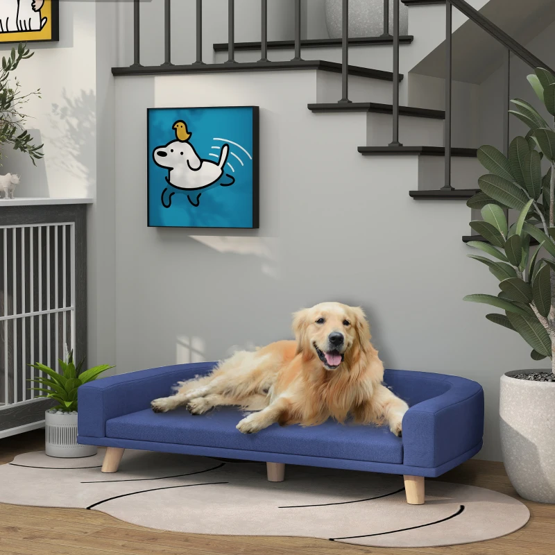 PawHut Canapé pour chien grand lit surélevé pour chien coussin lavable cadre en bois tissu polyester 98 x 67 x 25 cm bleu
