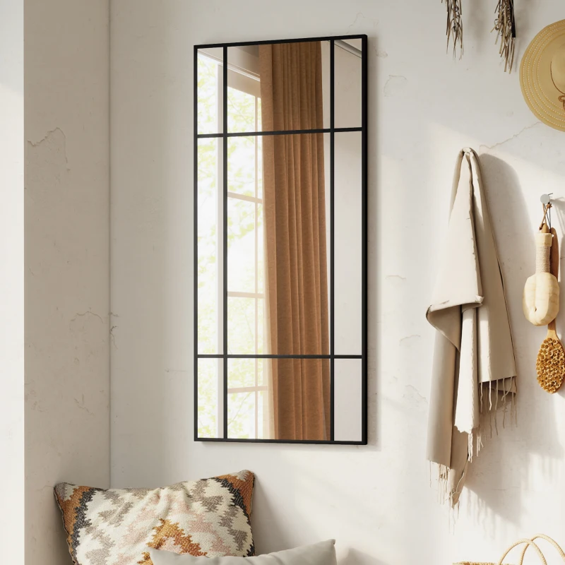 HOMCOM Espelho de parede estilo vitrine retangular estilo janela, horizontal ou vertical com 4 ganchos, em metal preto - 110x50 cm