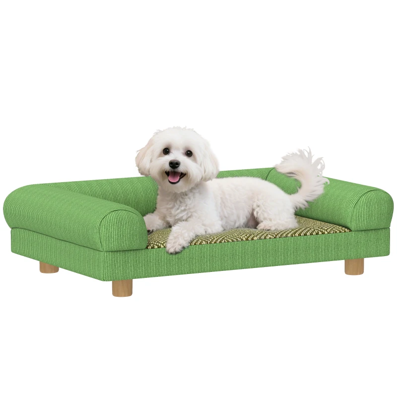 PawHut Canapé pour chien chat lit pour chien surélevé, assise de tapis frais, accoudoirs, en velours doux 63 x 41 x 17 cm, vert