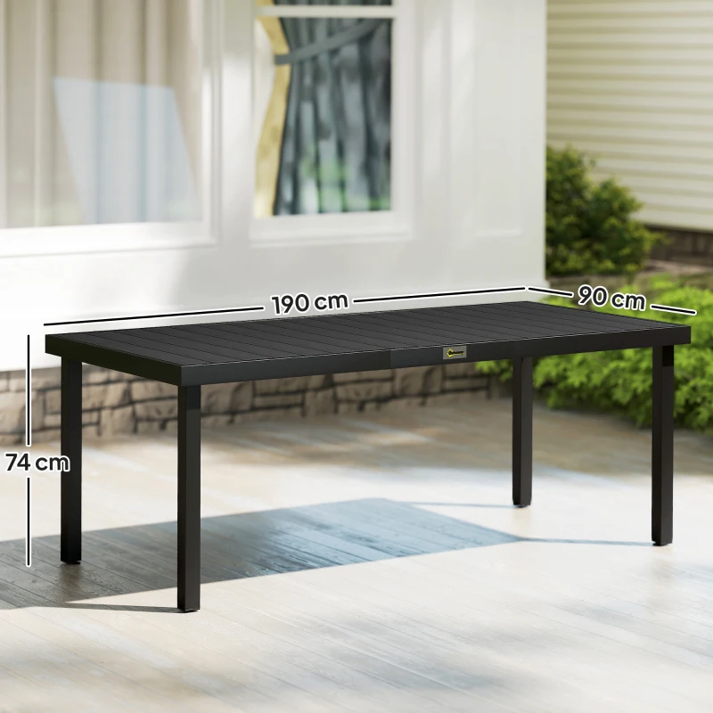 Outsunny Aluminium Outdoor Garden Dining Table for 8 People, Faux Wood Top, for Garden, Patio, 190 x 90 x 74cm, Black
