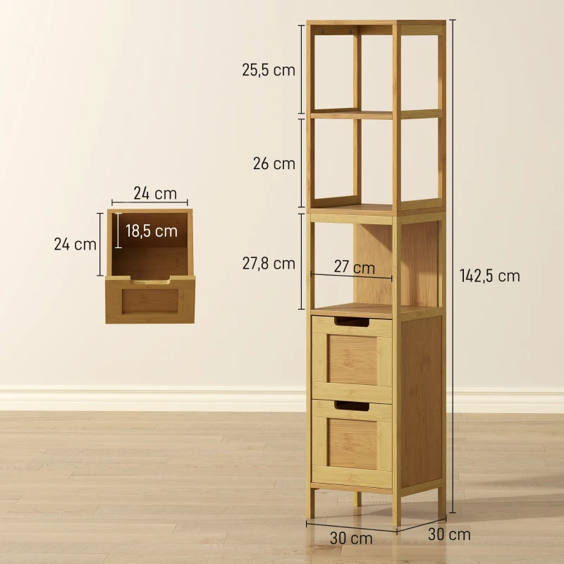 kleankin Armario Alto para Baño con 3 Estantes y 2 Cajones de Bambú Estilo Moderno 30x30x142,5 cm Natural