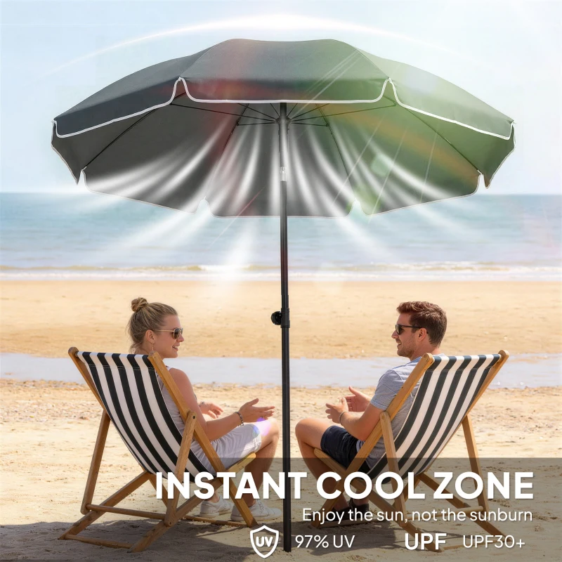 Outsunny 1.8 m Beach Umbrella Parasol with Sand Anchor, Portable 30° Tilting Patio Sun Shade with Adjustable Height, Dark Grey