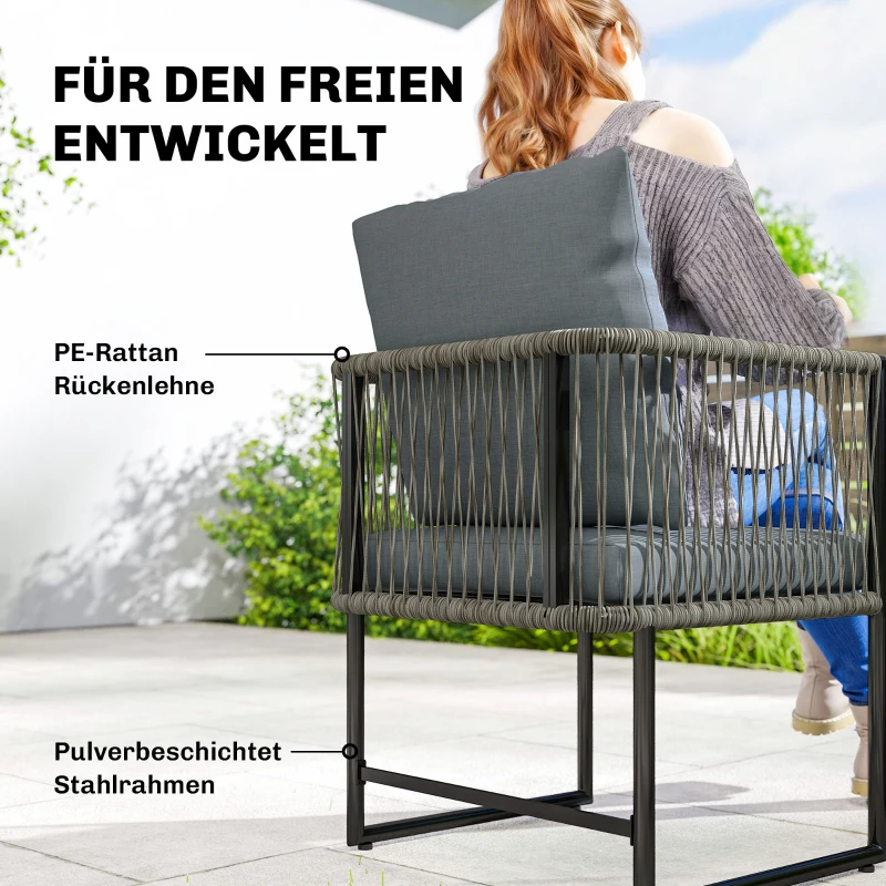 Outsunny Gartenstuhl 2er Set wetterfest Gartenstühle aus Stahl PE-Rattan mit Kissen Armlehne Rückenlehne 52x52x66 cm Dunkelgrau