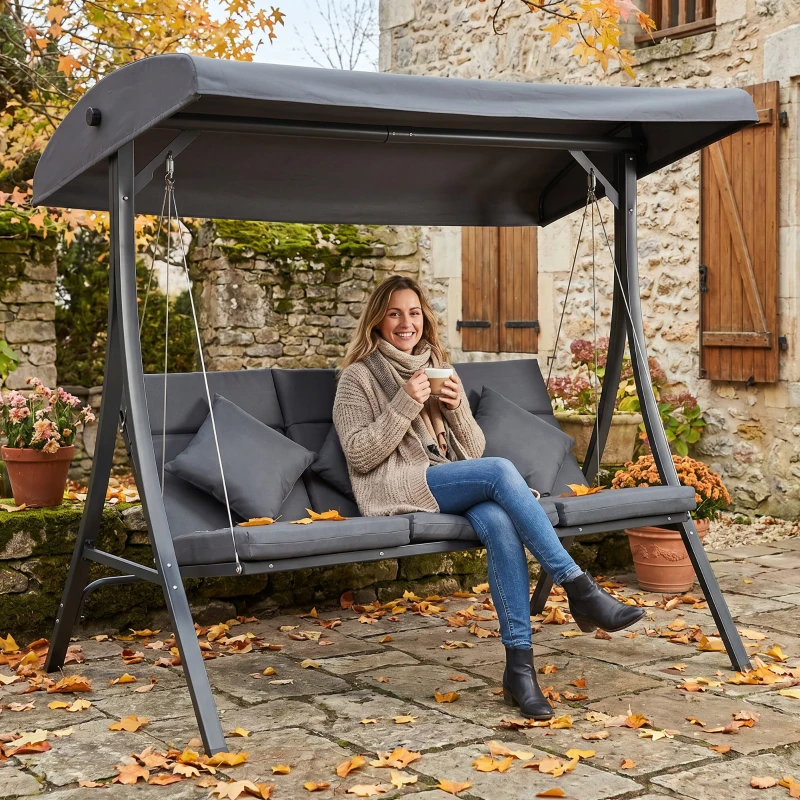 Outsunny Balancelle de jardin 3 places grand confort inclinaison toit réglable matelas fourni acier polyester gris foncé