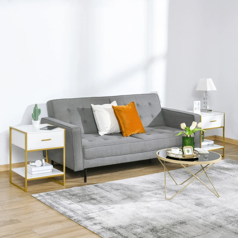 HOMCOM 2er-Set Nachttische, 1 Schublade, 1 Regal, 45 cm x 40 cm x 60 cm, Weiß + Gold