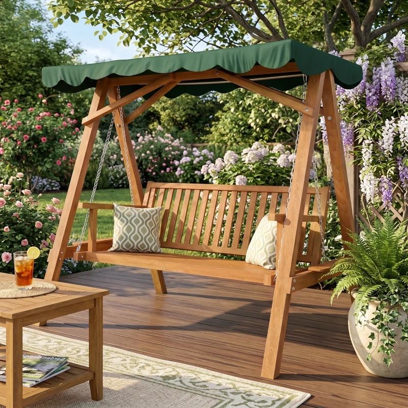 Outsunny Balancelle de Jardin 3 Places Toit imperméabilisé 2 tablettes Support 1,95L x 1,33l x 1,86H m Charge Max. 360 Kg Bois de pin Vert