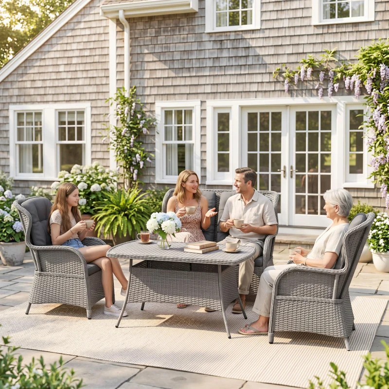 Outsunny Garden PE Rattan Dining Sofa Set, Outdoor 4 Seater Wicker Furniture, High Back Chairs with Cushions, Tempered Glass Coffee Table for Patio, Light Grey