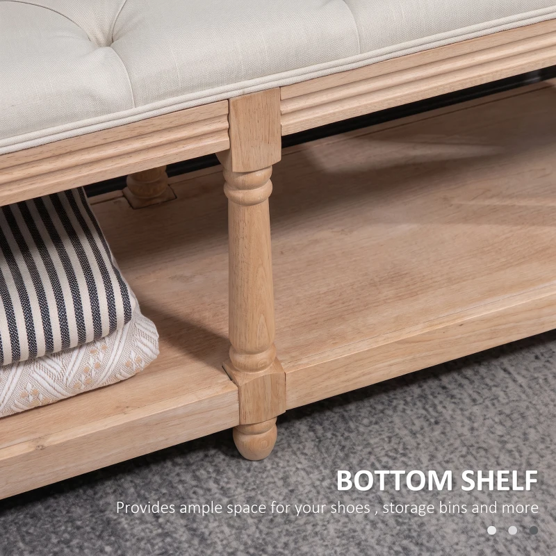 HOMCOM 2-Tier Bed End Bench, Vintage Stool, Wooden Window Seat with Storage Shelf, Button Tufted Upholstered Footstool for Living Room, Bedroom, Entryway, Cream White