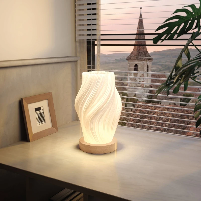 HOMCOM Lampă de masă ondulată cu 3 culori și port USB, din ABS și lemn de cauciuc, Ø12x20 cm, alb și culoare lemn