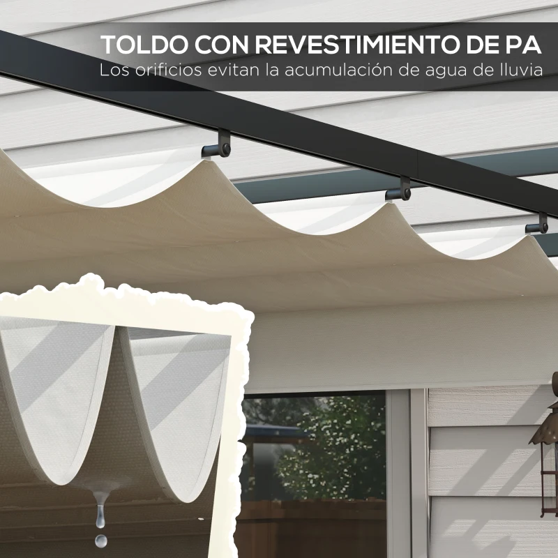 Outsunny Cenador de Jardín 3x4 m con Techo Retráctil de Poliéster y 12 Orificios de Drenaje Pérgola para Terraza Blanco y Gris