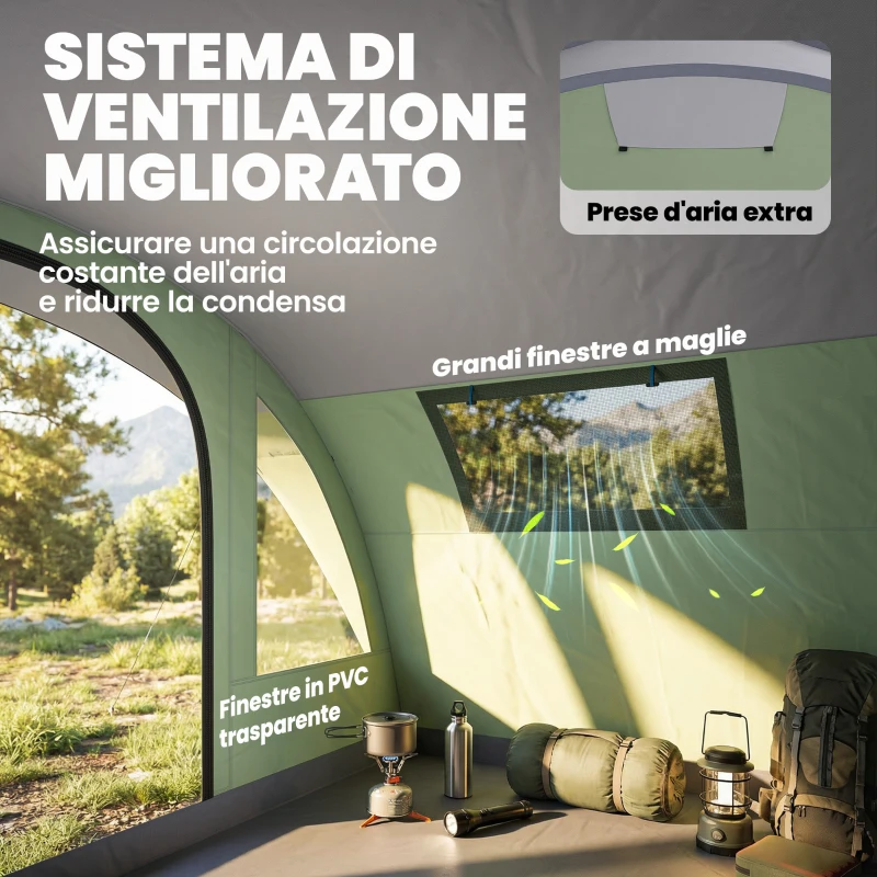 Outsunny Grande Tenda Multi-Stanza per 5 Persone, con Finestre e Veranda, Verde