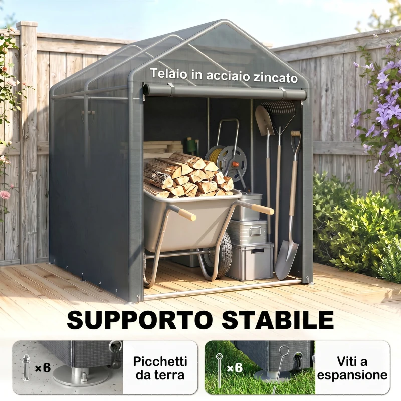 Outsunny Capanno Attrezzi anti UV con Ingresso a Zip, in Acciaio Zincato e Tessuto PE,120x179x165 cm, Grigio Scuro