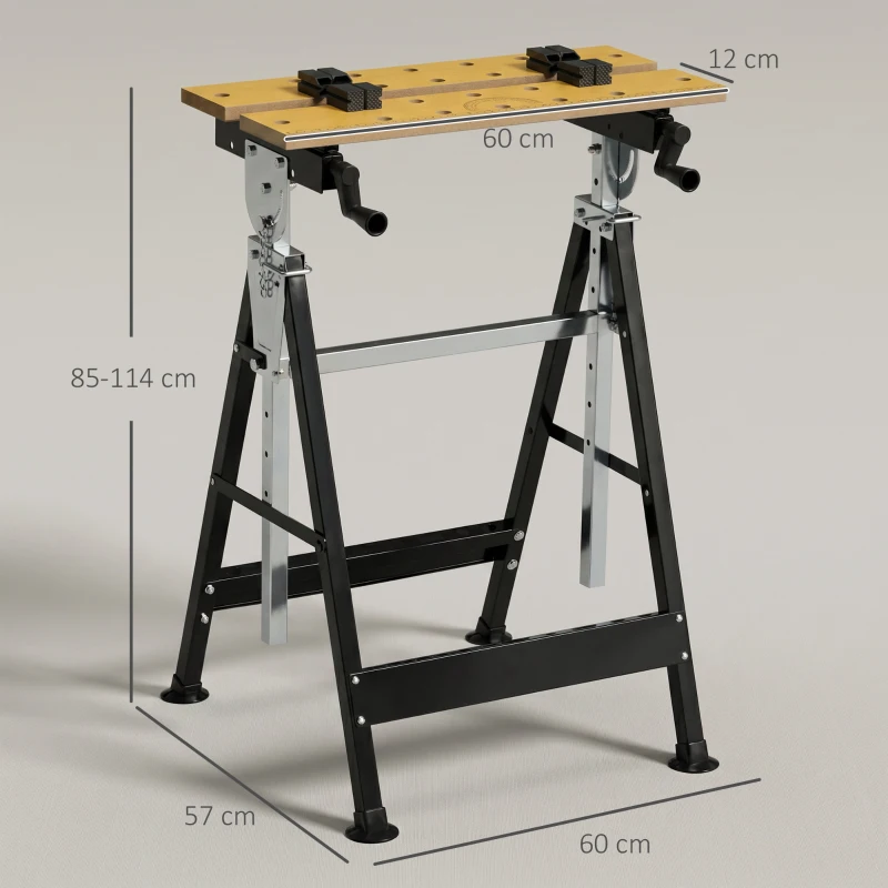 HOMCOM Portable Folding Workbench with Adjustable Height & Angle, Work Bench with 4 Adjustable Clamping Pegs, Beige
