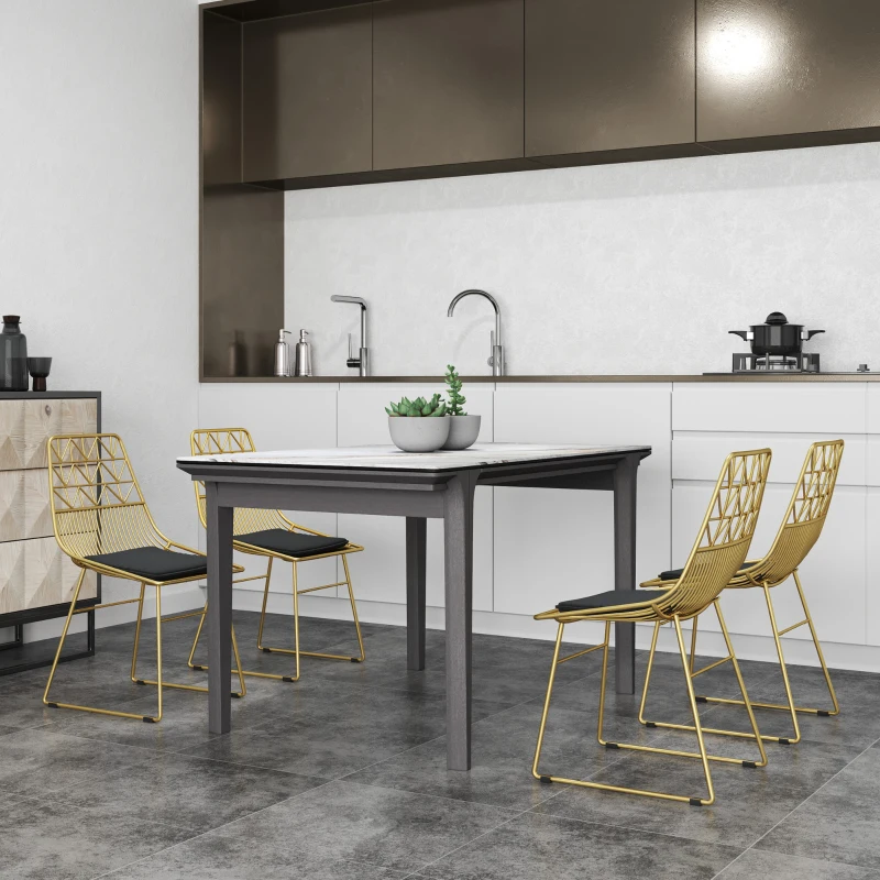 HOMCOM Luxurious Dining Chairs Set of 4, Metal Wire Kitchen Chair with Removable Velvet-feel Cushion, Cut-out Back and Steel Frame for Dining Room, Gold Tone