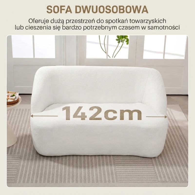 HOMCOM Modern 2 Seater Sofa, 142cm Loveseat with Curved Design, Upholstered Sherpa Fleece Small Sofa for Living Room, Bedroom, Home Office, No Assembly Required, Cream White