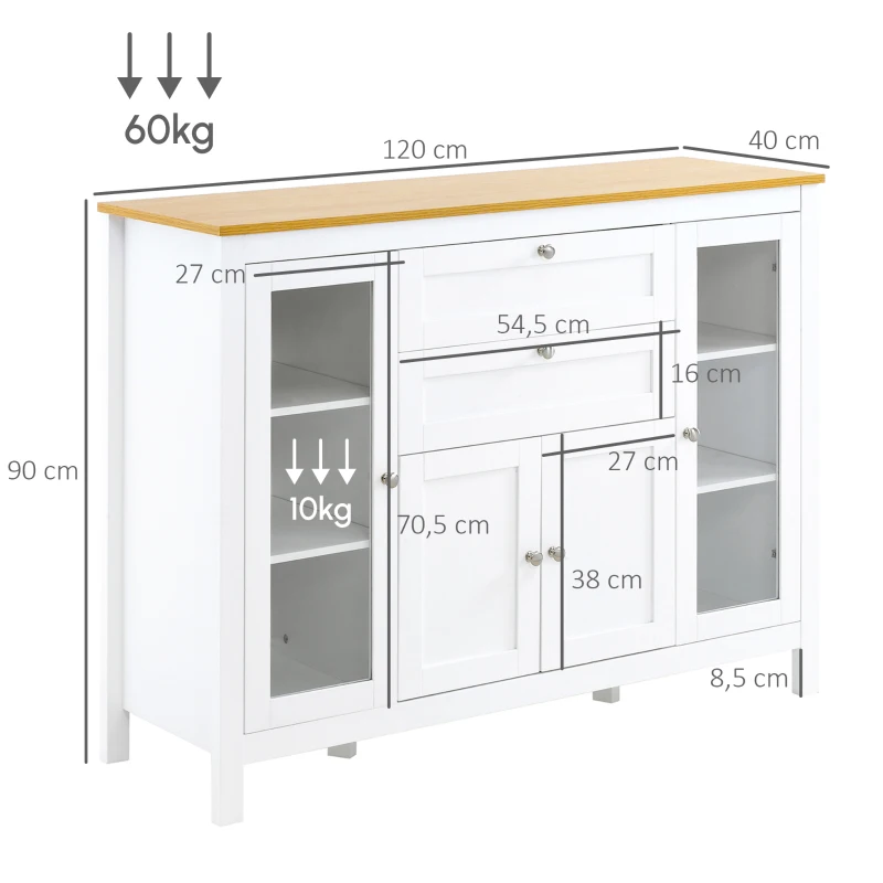 HOMCOM Buffet salon, meuble de rangement avec 1 placard double porte, 2 placards à porte vitrée, 2 tiroirs et étagère réglable, style moderne, buffet salle à manger et cuisine, 120x40x90cm, blanc(m-3)