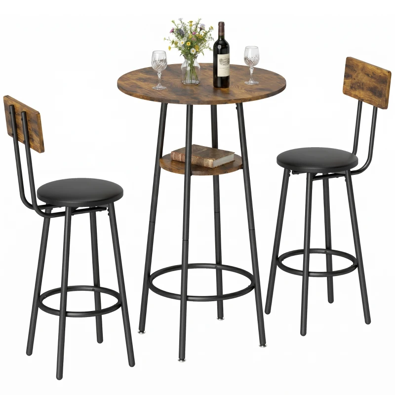 HOMCOM Industrie-Bartisch-Set mit 2 gepolsterten Hockern, Fußstützen, Metallrahmen, Küchentisch mit Ablage, Rustikal Braun